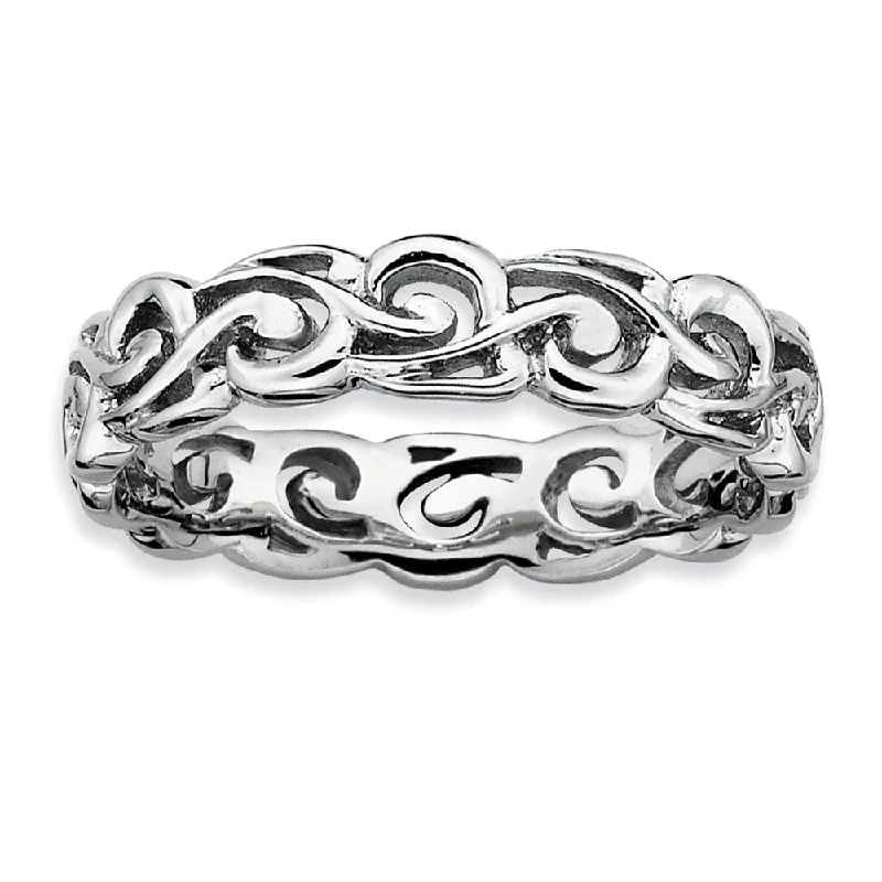 Women's rings futuristic-gem-Rhodium Plated Sterling Silver Stackable Ornate 4.5mm Band