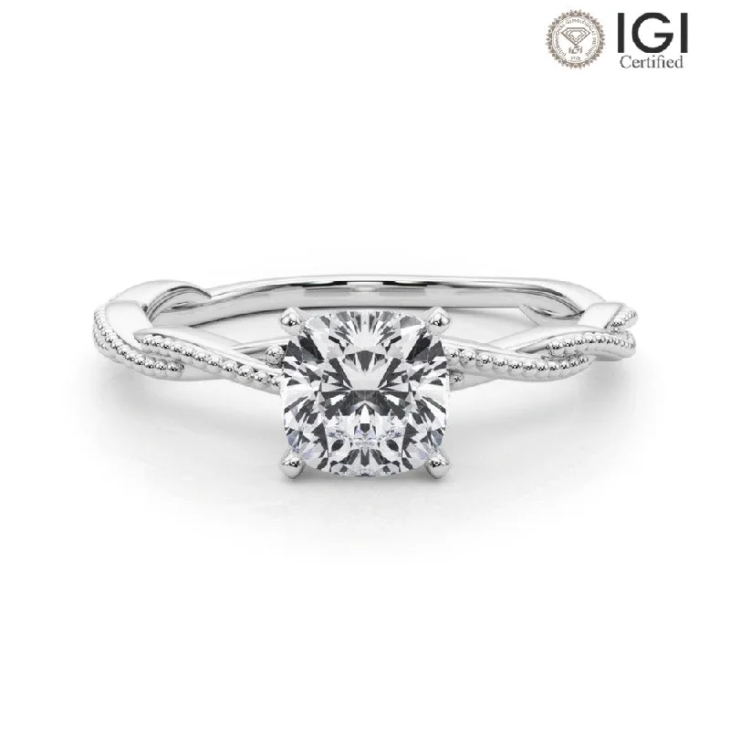 Women's engagement rings hand-polished-Anastasia Twisted Vine Cushion Lab Grown Diamond Solitaire Engagement Ring IGI Certified