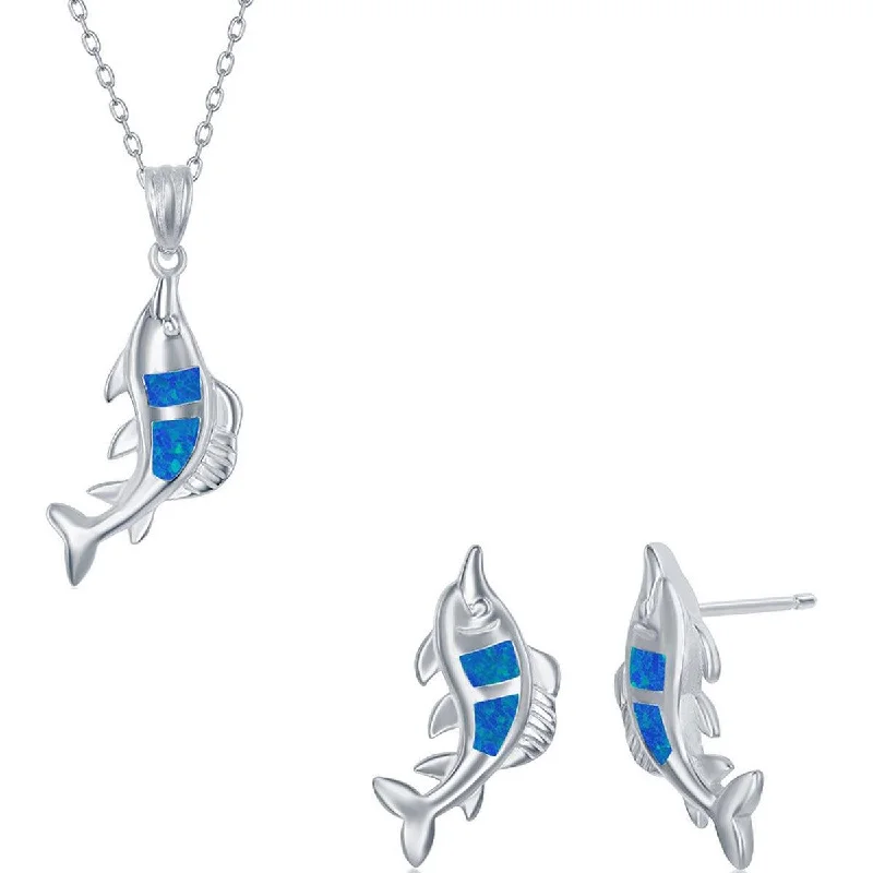 Women's necklaces airy-charm-Opalata Women's Necklace and Earrings Set - Sterling Blue Inlay Opal Fish | SET-580