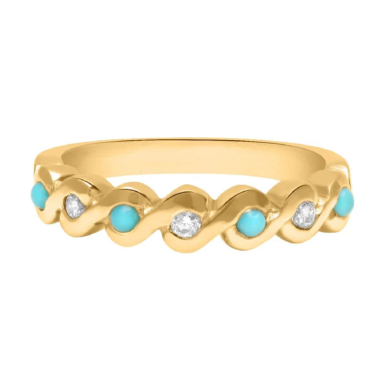 Women's rings etched-finish-Turquoise and diamond wave ring