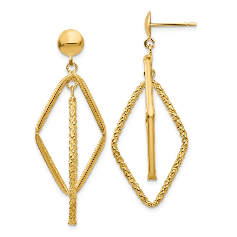 Women's earrings small-pearl-Double Rhombus Dangle Post Earrings in 14k Yellow Gold