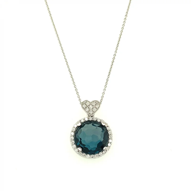 Women's necklaces hand-sculpted-Blue Topaz Mini Round Necklace with Diamonds 351-JSA