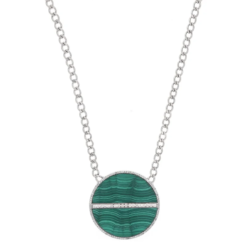 Women's necklaces draped-chain-Round Malachite & Diamond Pendant Curb Chain Necklace  SN000148