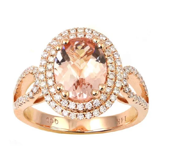 Women's engagement rings satin-band-10X8MM Oval Morganite and Diamond Halo Engagement Ring in 14KT Rose Gold