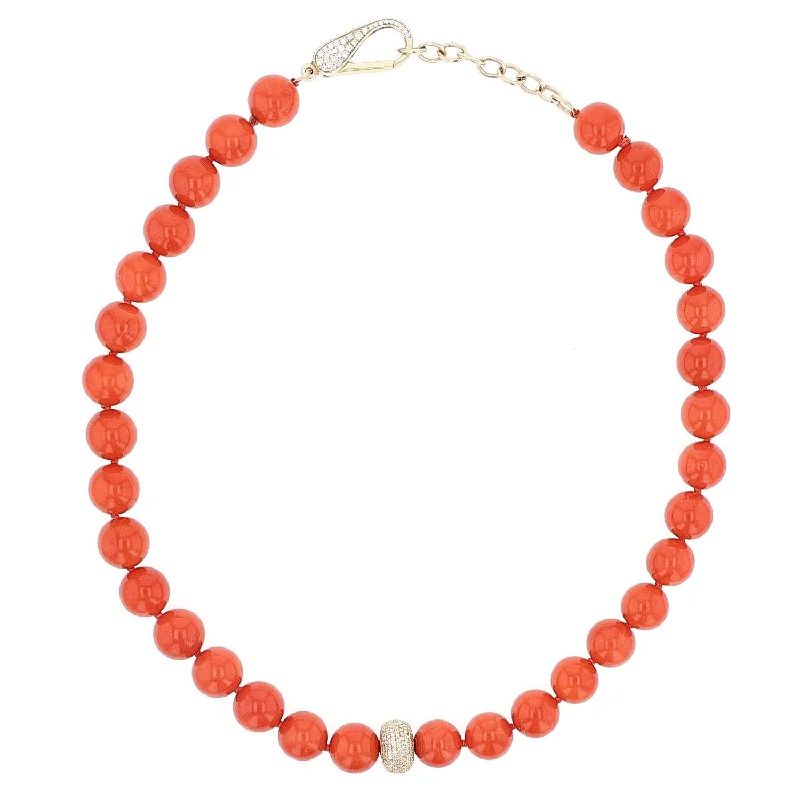 Women's necklaces gentle-length-Italian Red Coral Bead Necklace with 14K Gold Pave Diamond Donut  NG002574