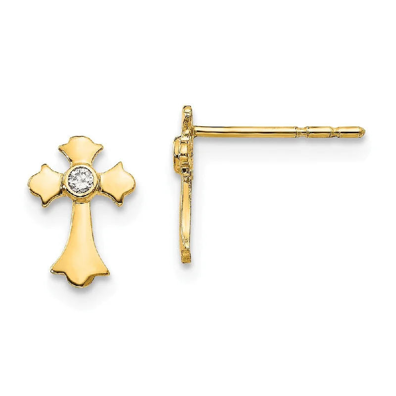 Women's earrings tiny-hoop-Children's 14k Yellow Gold & CZ 9mm Fleur de Lis Cross Post Earrings