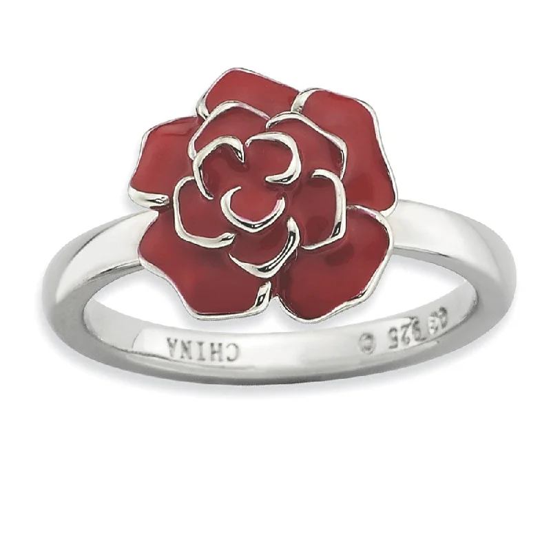 Women's rings ornate-2.25mm Sterling Silver Stackable Enameled Red Rose Ring