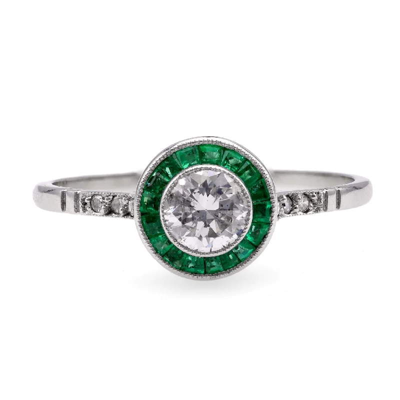 Women's engagement rings intricate-filigree-Art Deco Inspired Diamond Emerald Platinum Engagement Ring