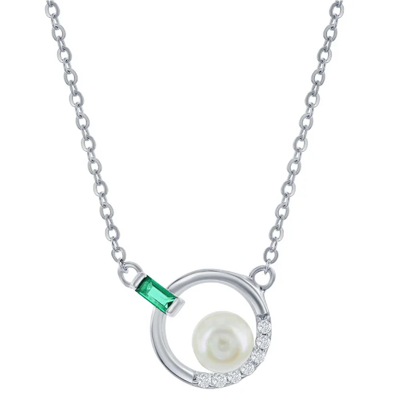 Women's necklaces coral-glow-Classic Women's Necklace - Silver Emerald Baguette CZ Round Circle and FWP | M-6873