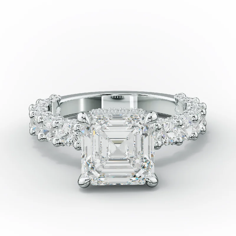 Women's engagement rings curved-halo-Savannah - Asscher Cut Diamond Engagement Ring With Accented Sidestones