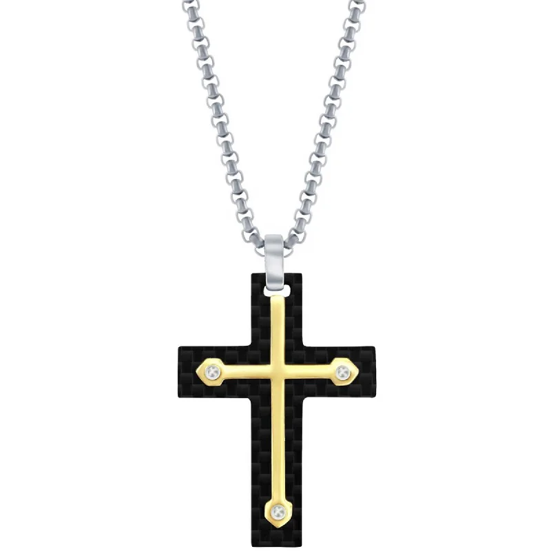 Women's necklaces twinkling-gem-Metallo Men's Necklace - Stainless Steel Black Carbon Fiber and Gold Cross | SL-7111