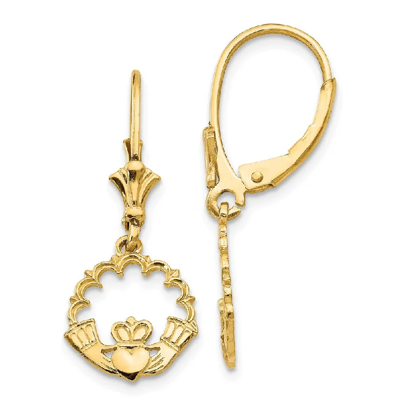 Women's earrings subtle-hoop-10mm Scalloped Claddagh Lever Back Earrings in 14k Yellow Gold