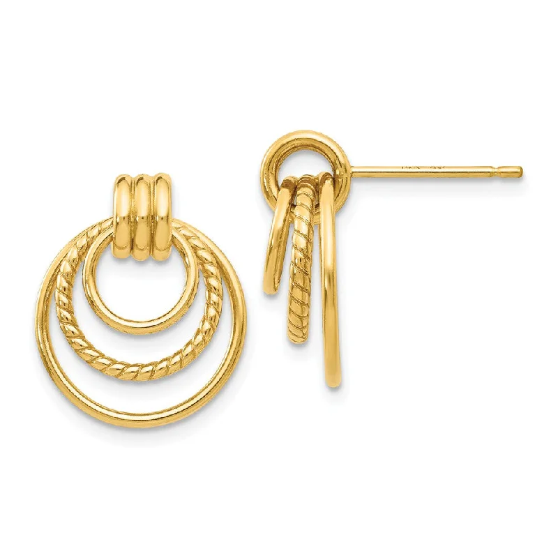 Women's earrings small-gem-Polished and Twisted Triple Circle Post Earrings in 14k Yellow Gold