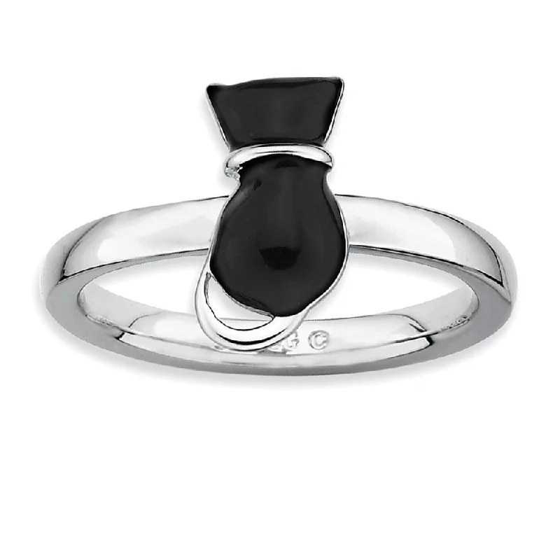 Women's rings uncommon-design-Sterling Silver Stackable Black Enameled Cat Ring