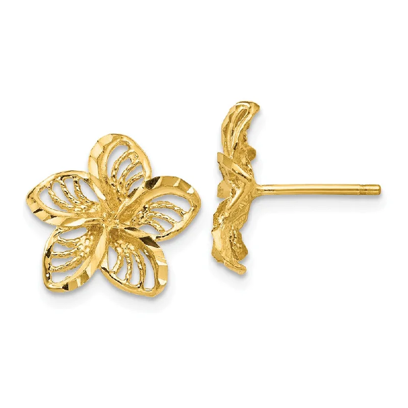 Women's earrings polished-hoop-12mm Diamond Cut Filigree Plumeria Post Earrings in 14k Yellow Gold