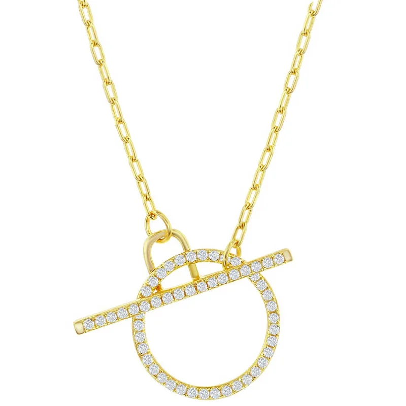 Women's necklaces luxe-platinum-Classic Women's Necklace - Gold Plated Paperclip White CZ Circle Toggle | M-6978-GP