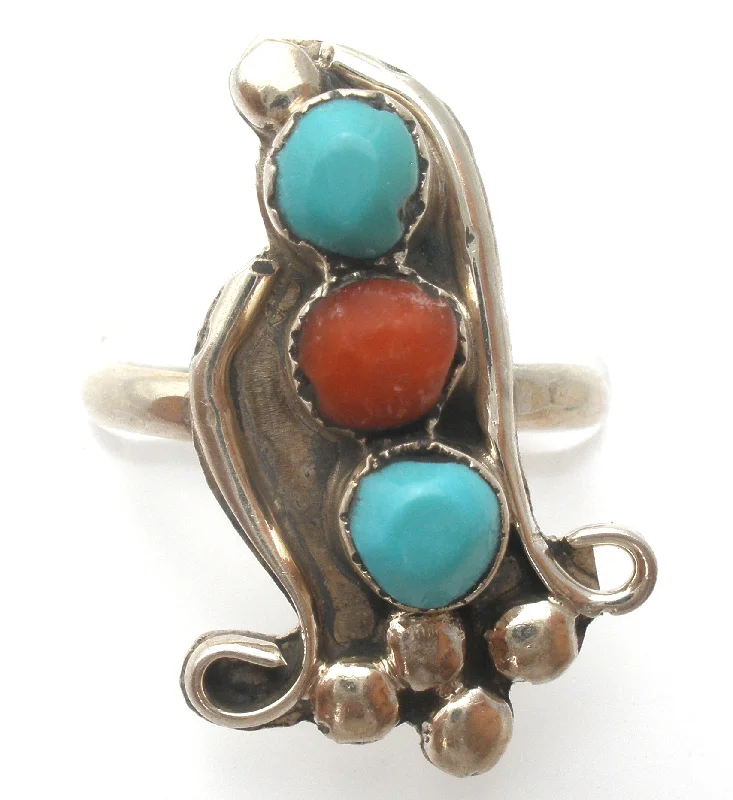 Women's rings glowing-accent-Turquoise & Coral Ring Sterling Silver Size 4