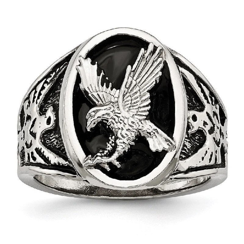 Women's rings futuristic-Men's 19mm Stainless Steel Black Enamel Textured Eagle Ring