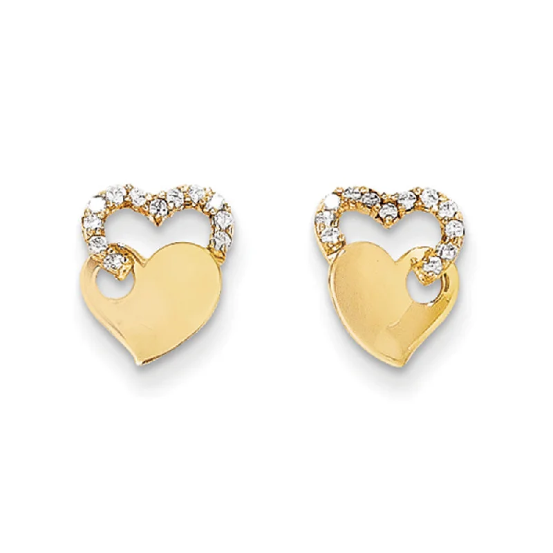 Women's earrings subtle-pearl-Kids Cubic Zirconia Double Heart Post Earrings in 14k Yellow Gold