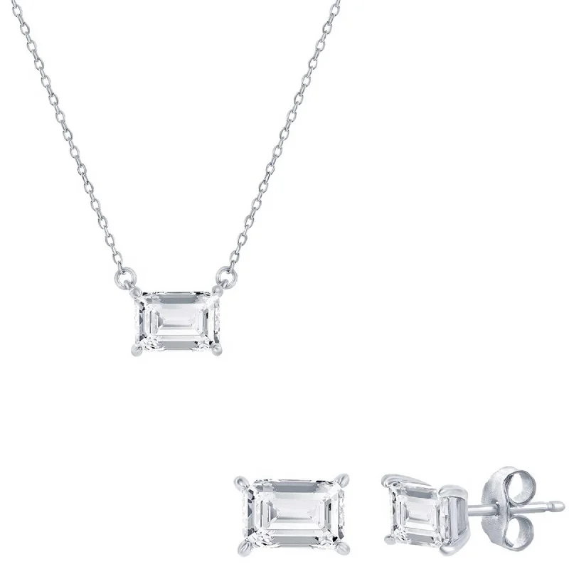 Women's necklaces romantic-accent-Classic Women's Necklace and Earrings Set - Silver Solitaire Rectangle CZ | SET-610