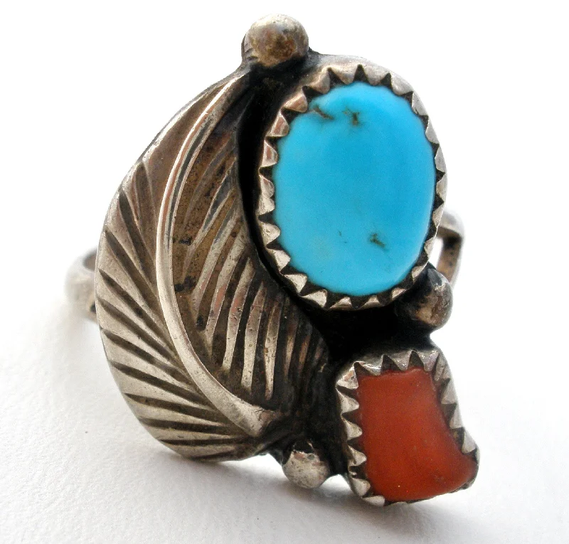 Women's rings gala-ready-Navajo Turquoise &  Coral Ring Sterling Silver