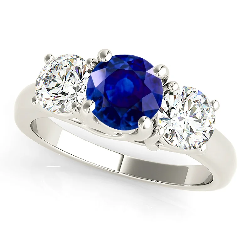 Women's engagement rings hand-polished-1.45 ct. Genuine Blue Sapphire Three Stone Engagement Ring