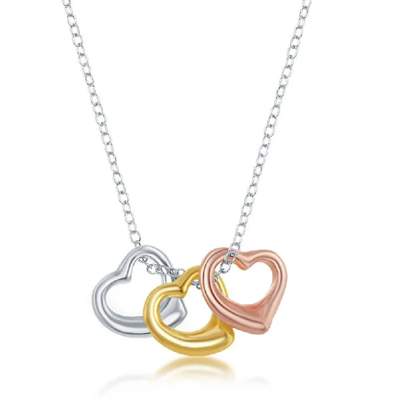 Women's necklaces flowing-pendant-Sterling Silver Tri-Color Puffed Hearts Necklace