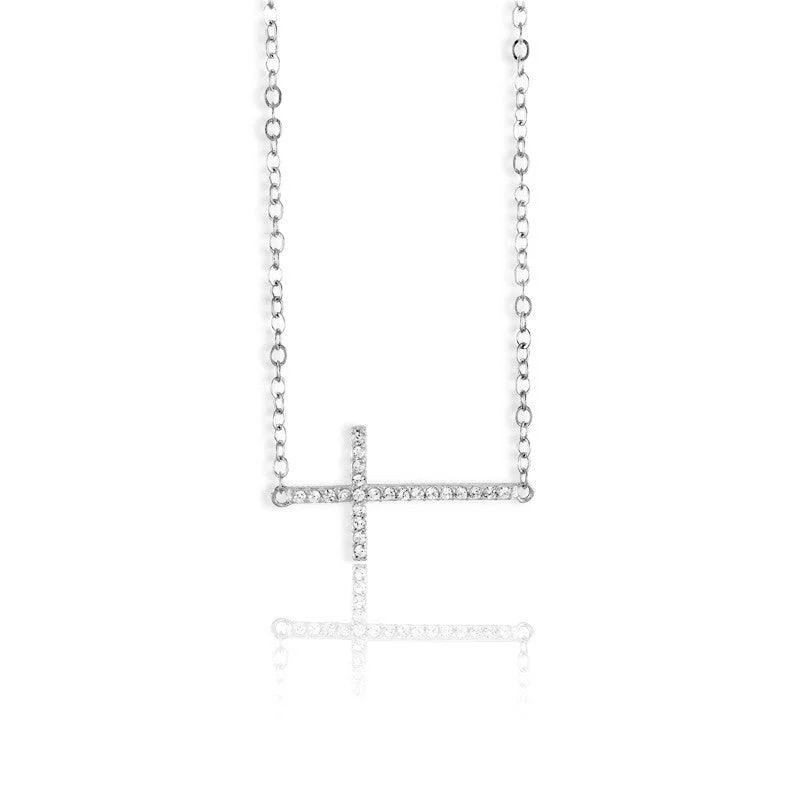 Women's necklaces filigree-pendant-Sterling Silver Sideways CZ Cross Design Necklace