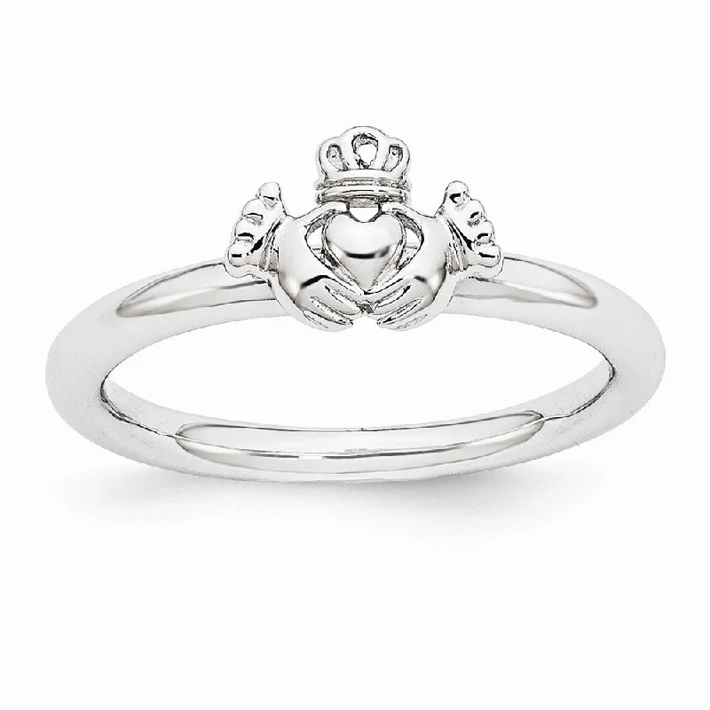 Women's rings futuristic-Rhodium Plated Sterling Silver Stackable Polished Claddagh Ring