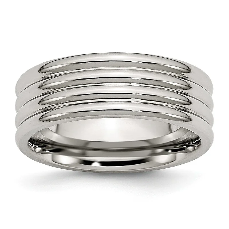 Women's rings casual-luxe-Stainless Steel, 8mm Multi Grooved Unisex Comfort Fit Band