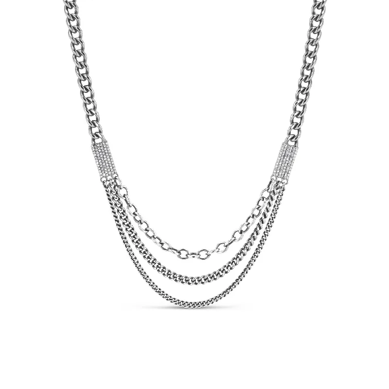 Women's necklaces antique-luxe-Multi Chain Sterling Silver Necklace with Diamond Stations-18"  N0003003