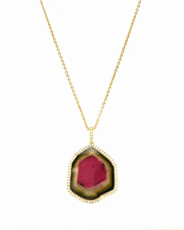 Women's necklaces flowing-pendant-Watermelon Tourmaline Slice Necklace 53-JSA