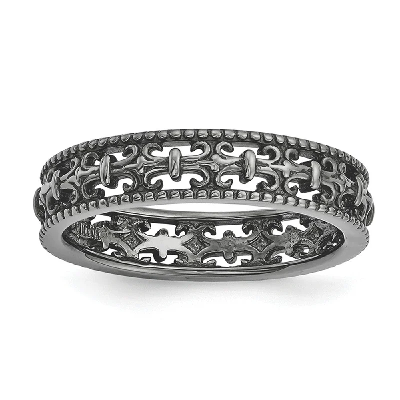 Women's rings petite-luxe-4.5mm Black Plated Sterling Silver Stackable Fleur de Lis Band