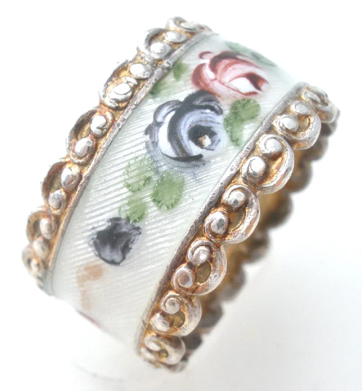 Women's rings event-gem-Wide Guilloche Enamel Rose Sterling Band Ring Size 7