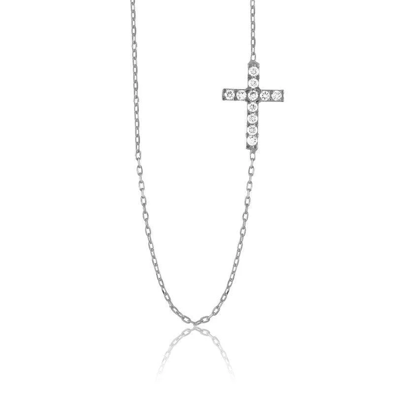 Women's necklaces whimsical-Sterling Silver Small CZ Sideways Cross Necklace