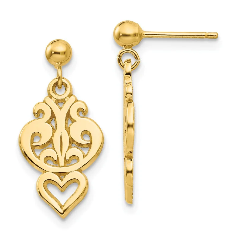 Women's earrings subtle-pearl-Small Filigree Heart Dangle Post Earrings in 14k Yellow Gold