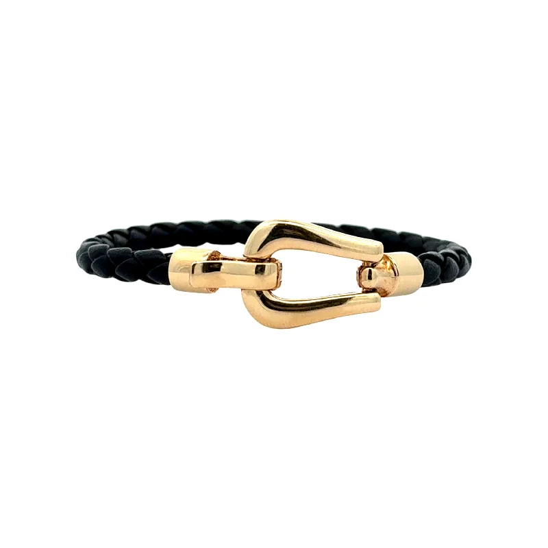 Unisex bracelets casual-bead-Black Leather and Gold Horsebit Clasp Bracelet