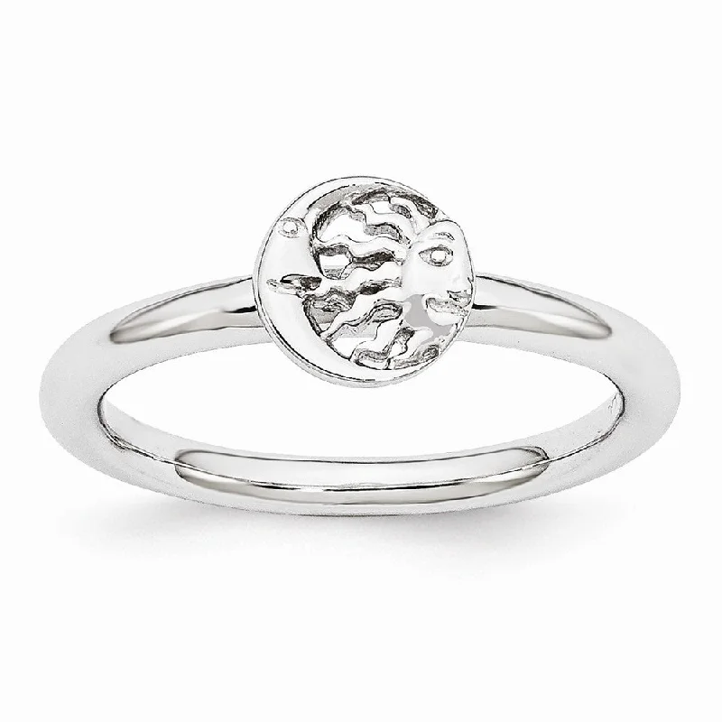 Women's rings bold-cut-stone-Rhodium Plated Sterling Silver Stackable 7mm Sun/Moon Ring