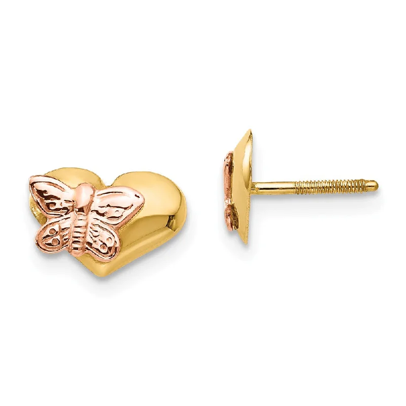 Women's earrings subtle-silver-Kids 14k Yellow Gold Heart & Pink Rhodium Butterfly ScrewBack Earrings