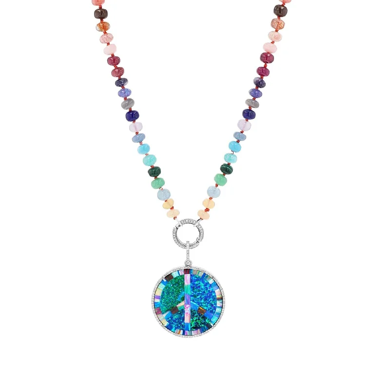 Women's necklaces luxe-coral-Opal Inlay and Diamond Peace Pendant on Rainbow Gemstone Mix Knotted Necklace - 18"  N0003543