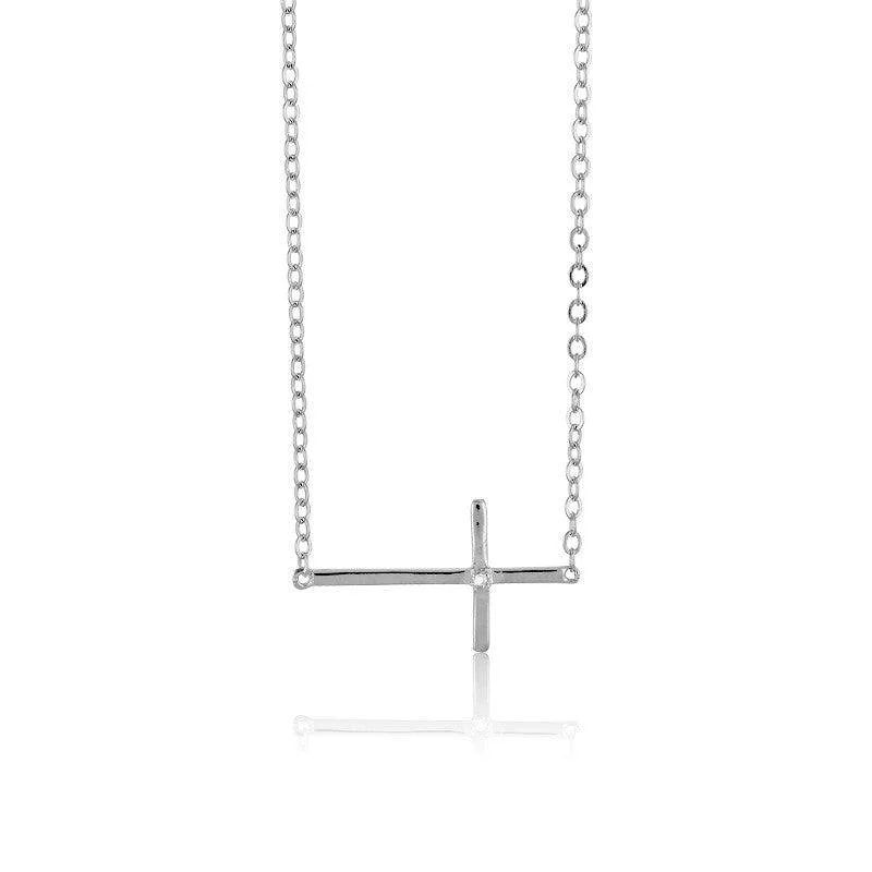 Women's necklaces airy-charm-Sterling Silver Sideways Cross Single CZ Necklace