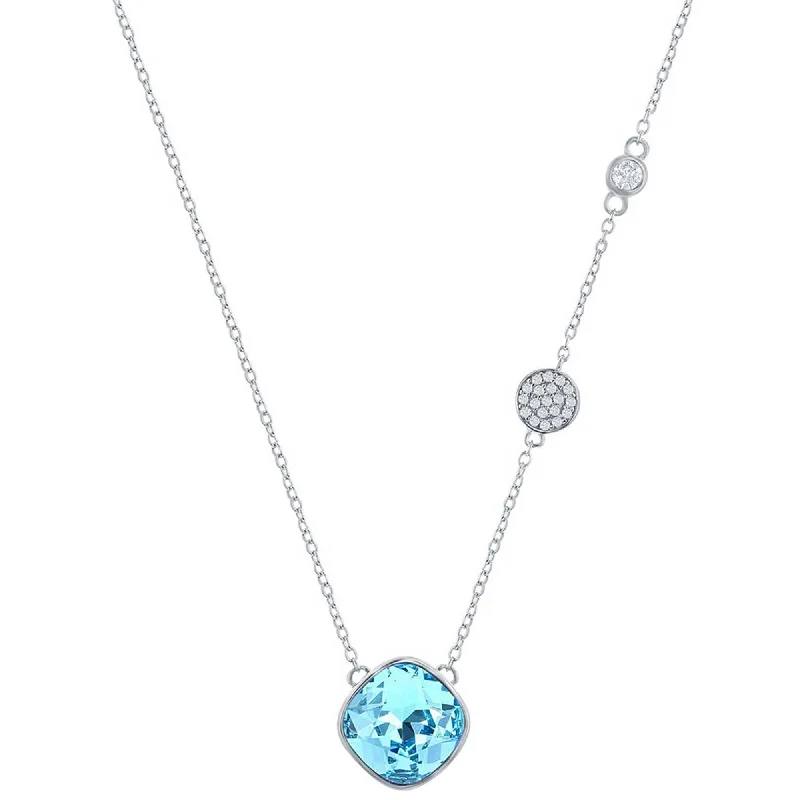 Women's necklaces hand-sculpted-Classic Women's Necklace - Sterling Silver Round Aqua and Smaller White CZ | M-7089