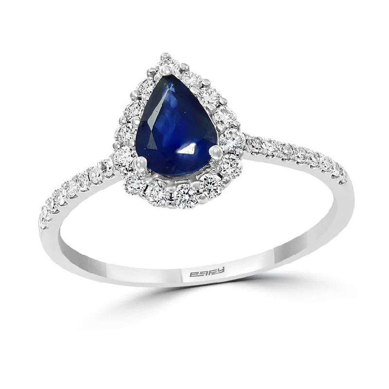 Women's engagement rings forever-radiance-EFFY 7X5MM Pear Blue Sapphire and Diamond Gem Stone Halo Engagement Ring in 14KT White Gold