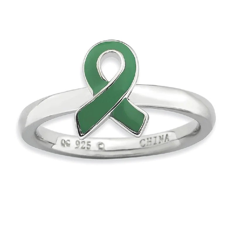 Women's rings brushed-gold-Silver Stackable Green Enamel Awareness Ribbon Ring