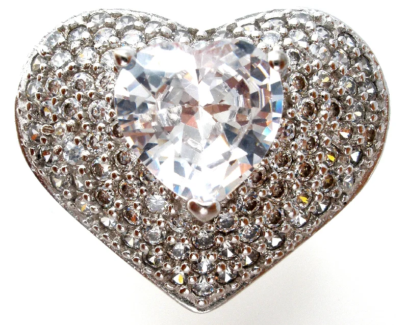 Women's rings vivid-luster-Large Heart Ring with Clear CZ's Size 8