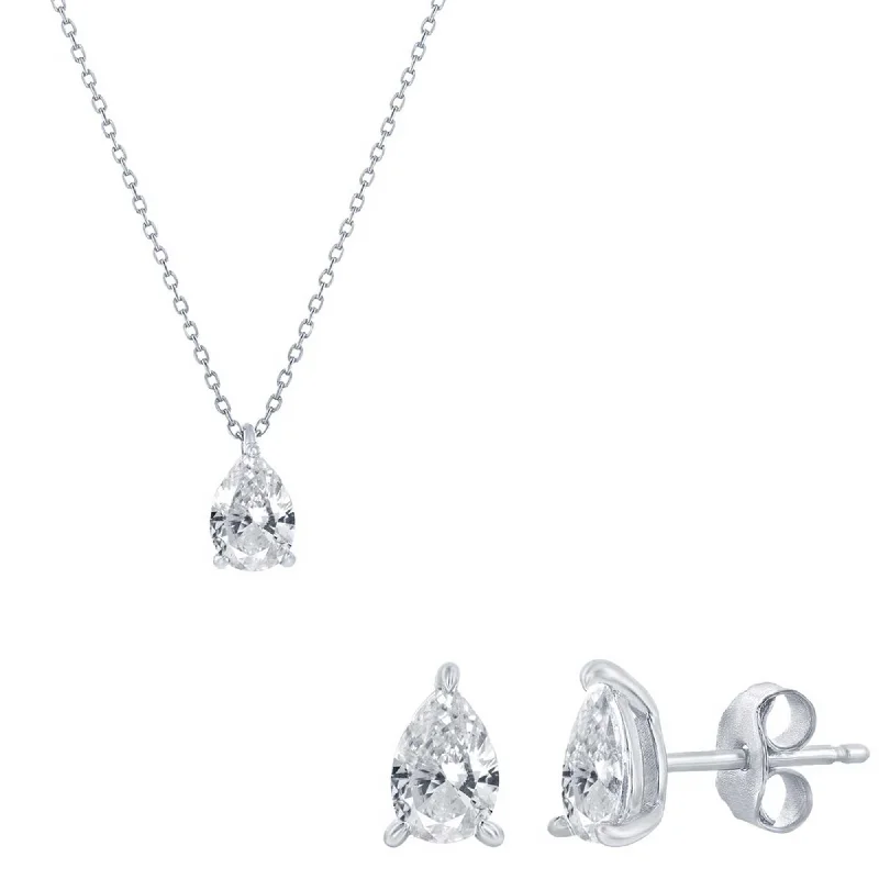 Women's necklaces coral-link-Classic Women's Necklace and Earrings Set - Silver Solitaire Pearshape CZ | SET-613