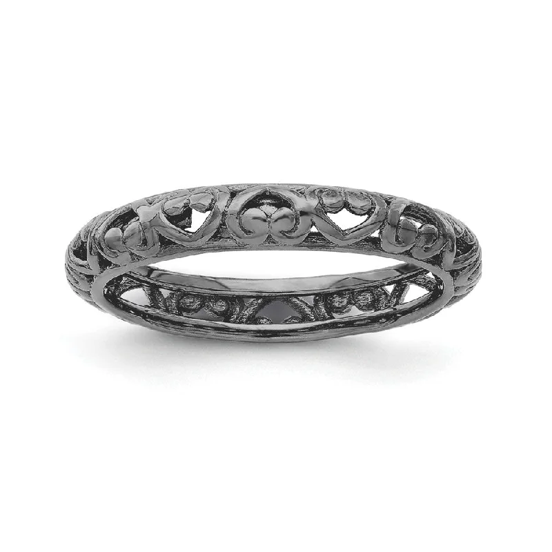 Women's rings event-ready-3.5mm Black Plated Sterling Silver Stackable Domed Carved Heart Band