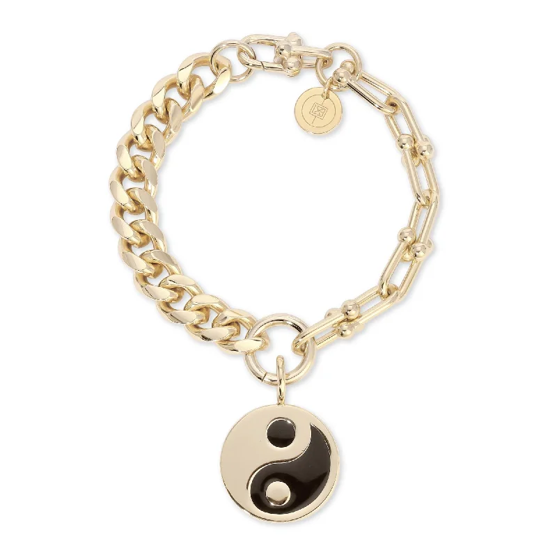 Unisex bracelets earthy-leather-Dual Chain Bracelet With Lage Enamel Yin Yang Pendant