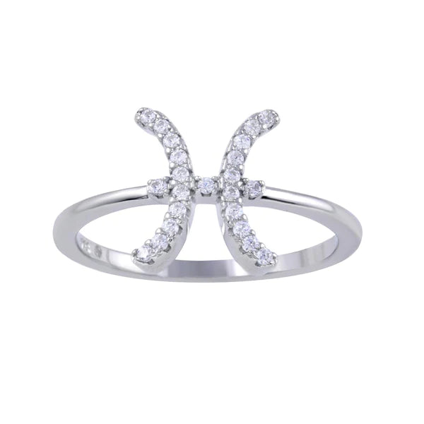 Women's rings carved-detail-Sterling Silver 925 Rhodium Plated Pisces CZ Zodiac Sign Ring