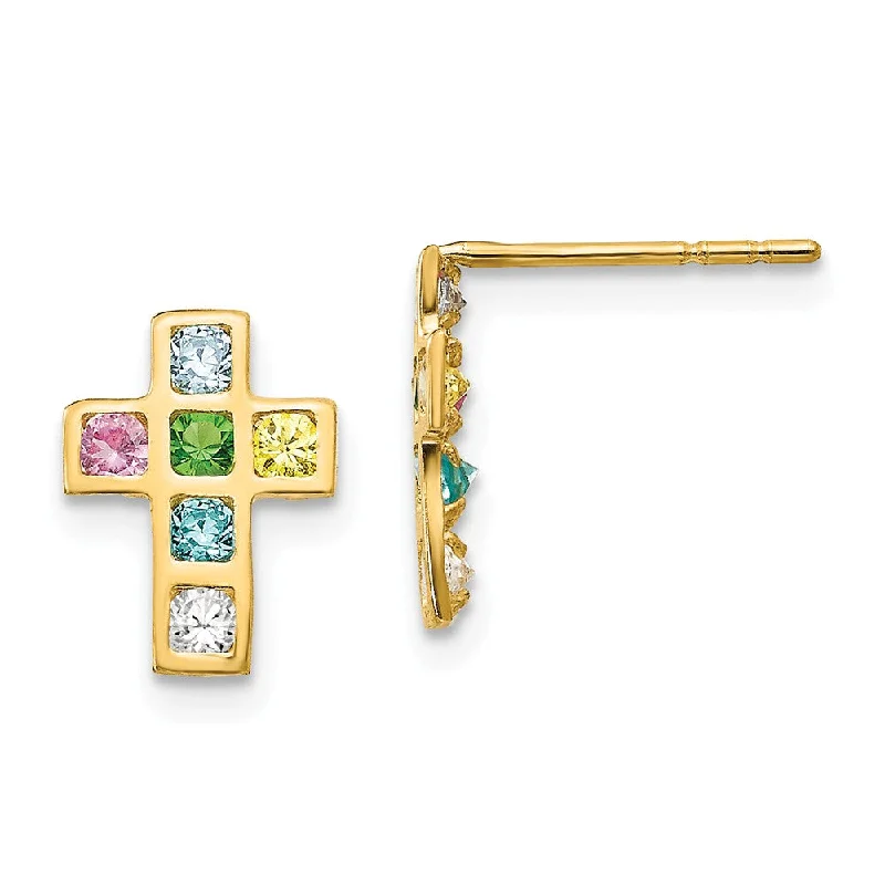 Women's earrings small-hoop-Children's 14k Yellow Gold & CZ 10mm Jeweled Cross Post Earrings